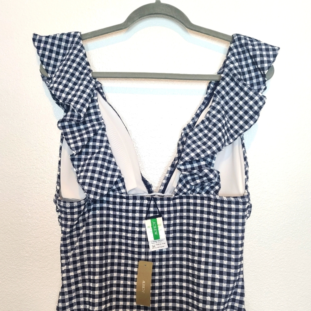 NWT J.Crew Ruched Ruffle One-piece Swimsuit In Classic Gingham in Blue Size 14 - Picture 12 of 13